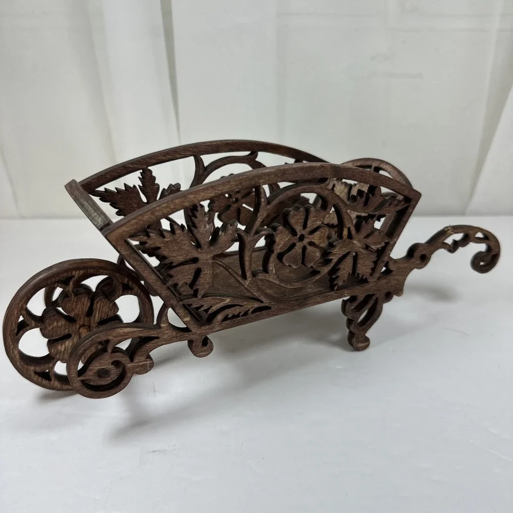 Hand Made Scrollwork Wooden Wheelbarrow Figurine 11